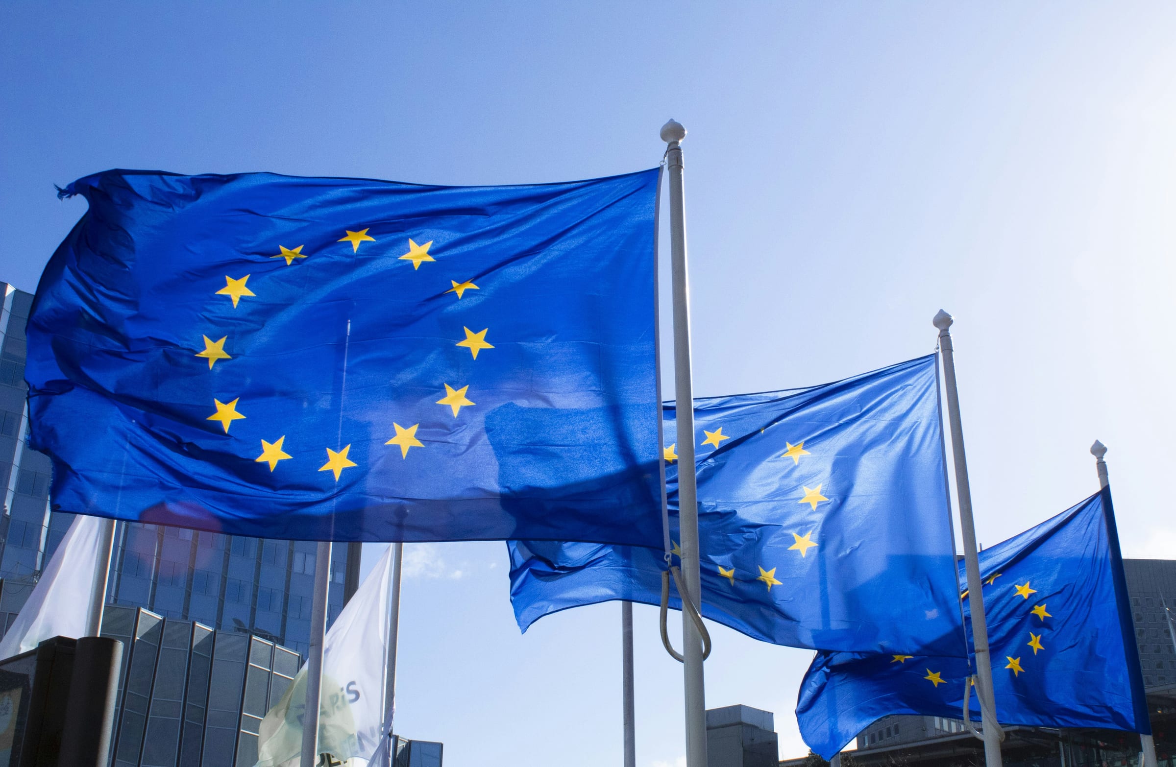 EU flags flying on flagpoles outside a modern office building