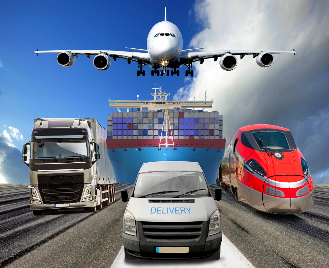 A montage of a plane, a container ship, a lorry, a train and a delivery van