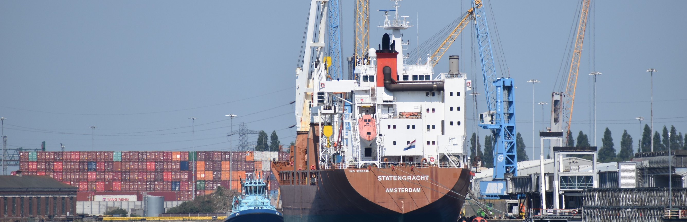 A cargo ship docked at Southampton