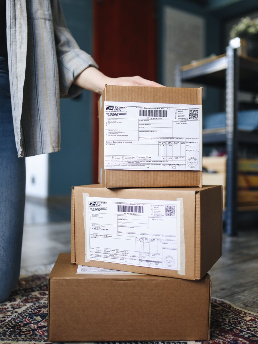 A stack of labelled parcels ready for despatch