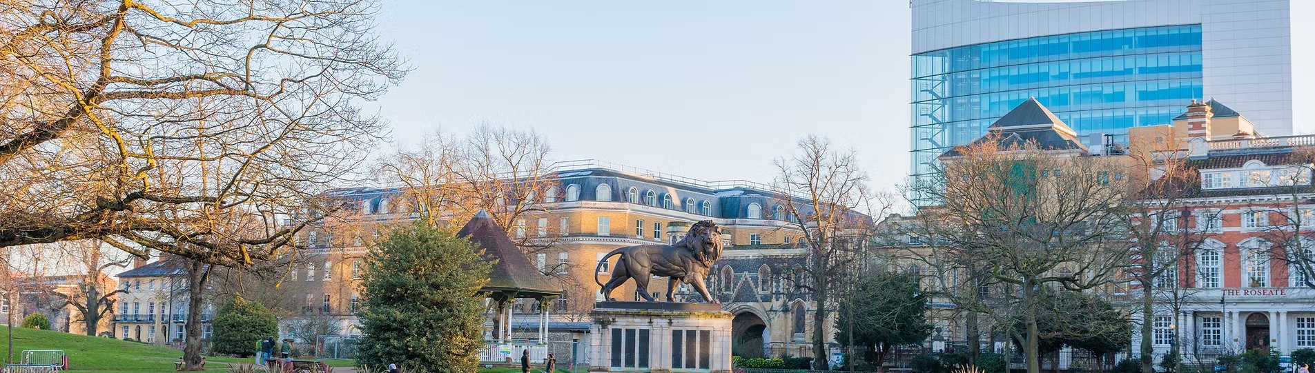 Reading town centre, with the Maiwand Lion in Forbury Gardens