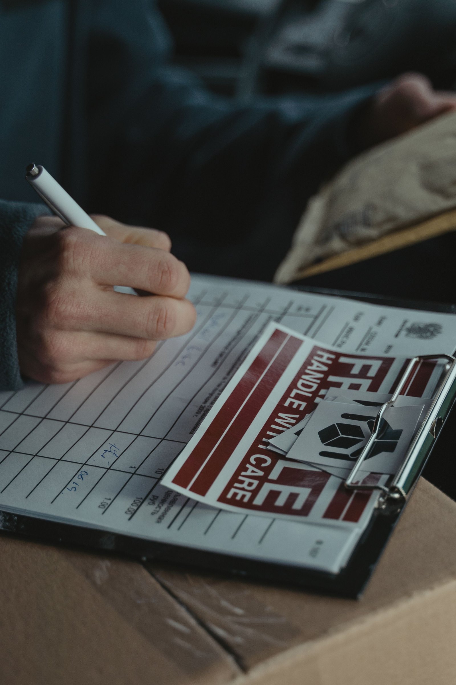 Writing up a delivery checklist on a clipboard resting on a parcel