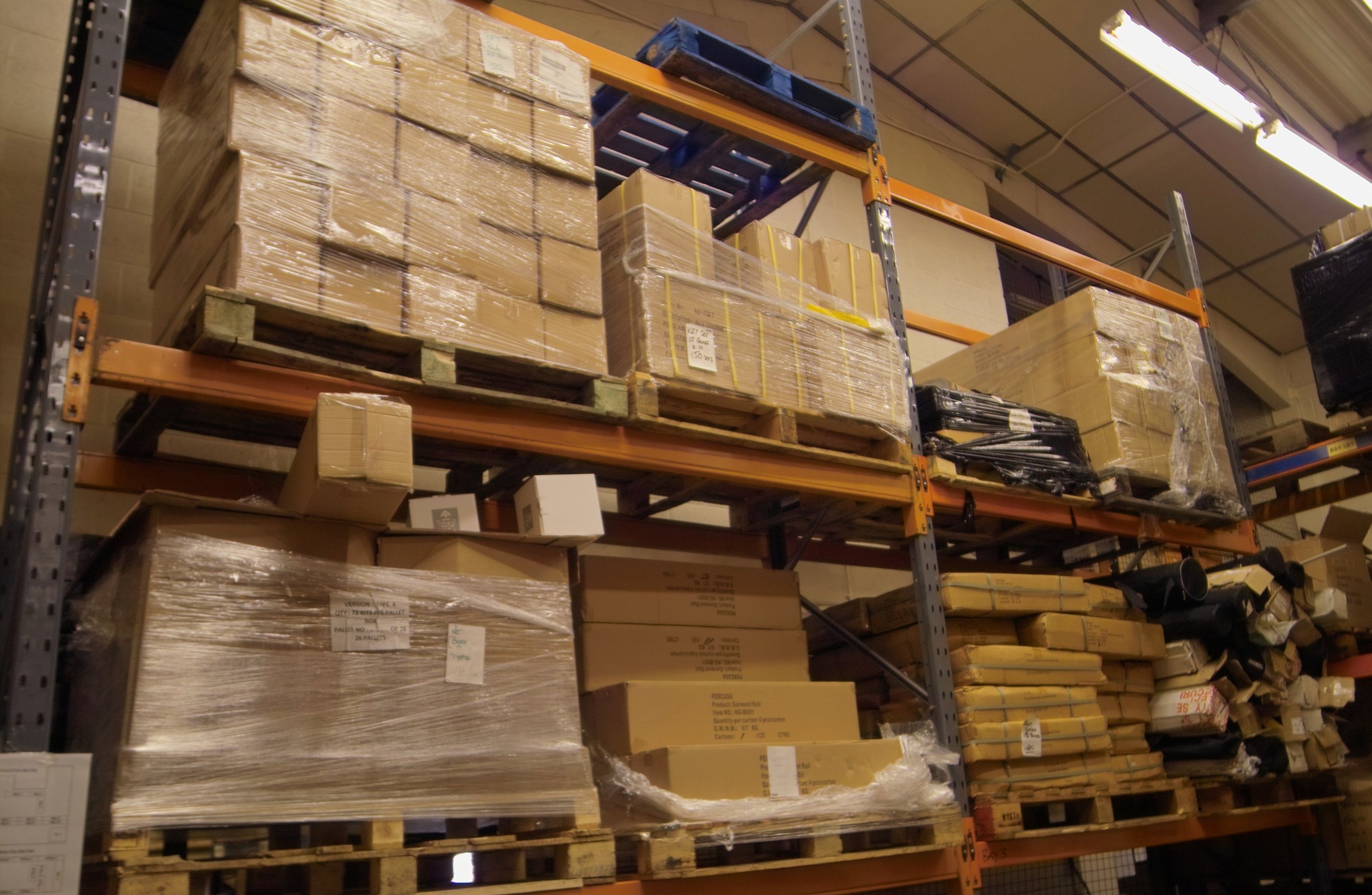 Wrapped pallets stacked on warehouse racking