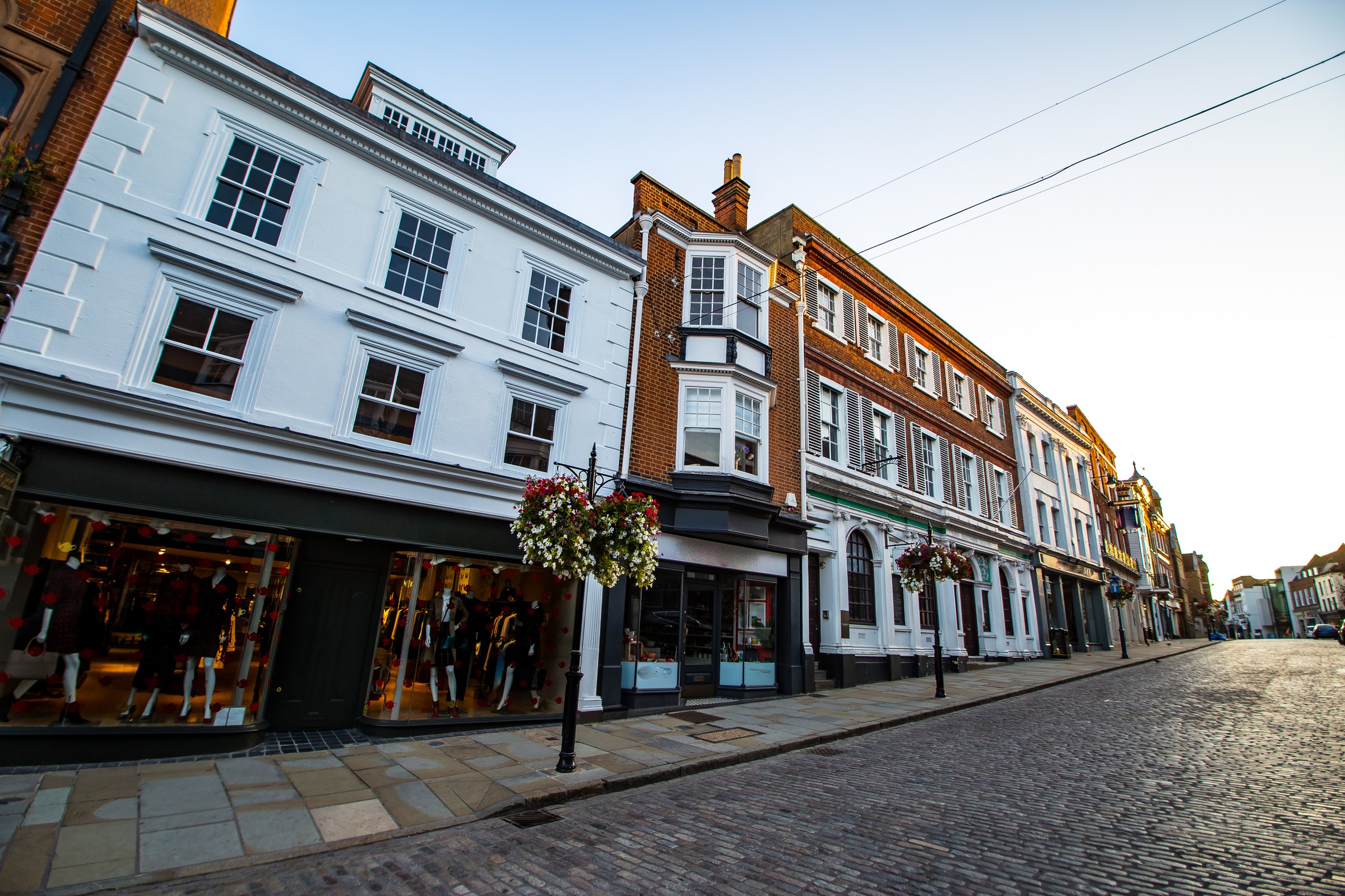 Shops along Guildford's cobbled High Street